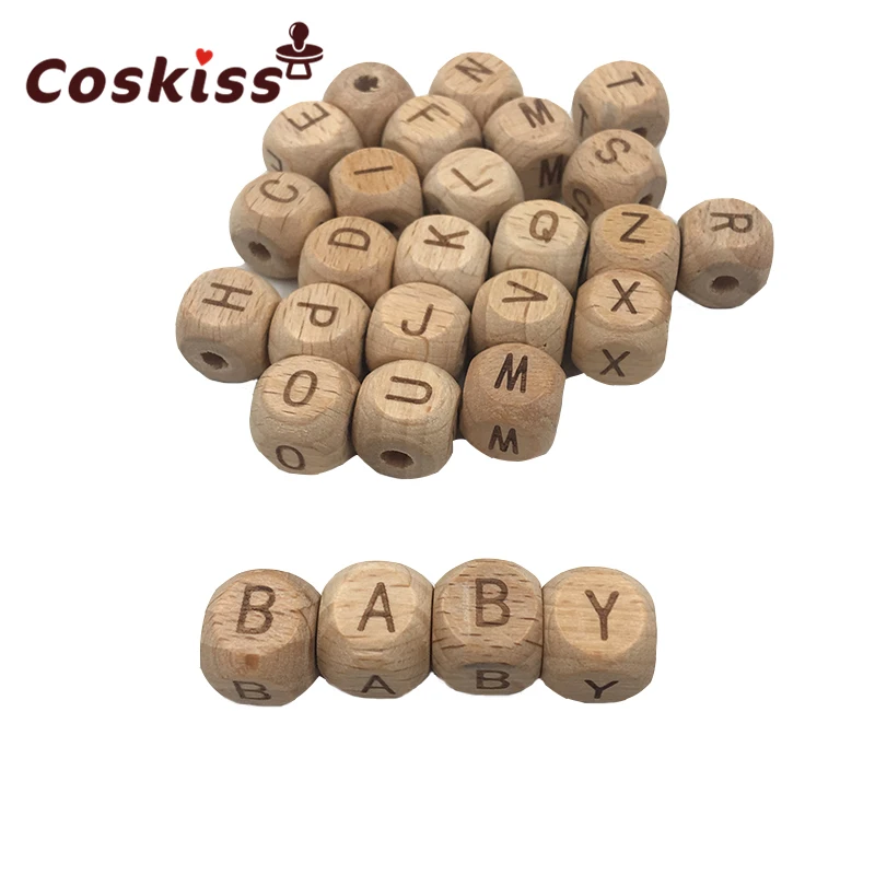 Teething Accessories 100pc Square Shape Beech Wood Letter Beads Crib Toy 12mm Teething DIY Jewelry Beads Baby Teether