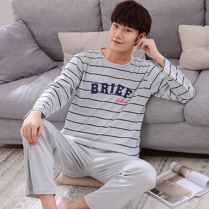 Cotton Pajama Men Пижамы для сна, мужские пижамы с длинными рукавами и круглым вырезом, одноцветная одежда для сна, пижамы для мужчин, зимняя Пижама для мужчин 4XL - Цвет: Cotton Pajama Men