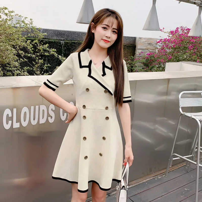 Женское трикотажное платье Черное и бежевое повседневное элегантное двубортное