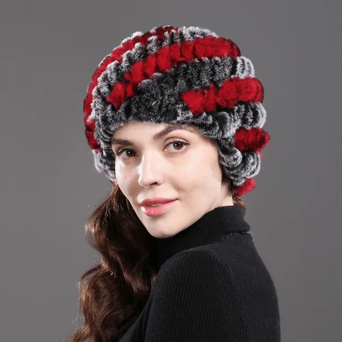 grey red Горячая Распродажа, Женский Настоящий мех кролика, шапка, Настоящая Натуральная шапка из меха кролика Рекс, хорошее качество, эластичные вязаные шапки из меха кролика рекс - Цвет: grey red