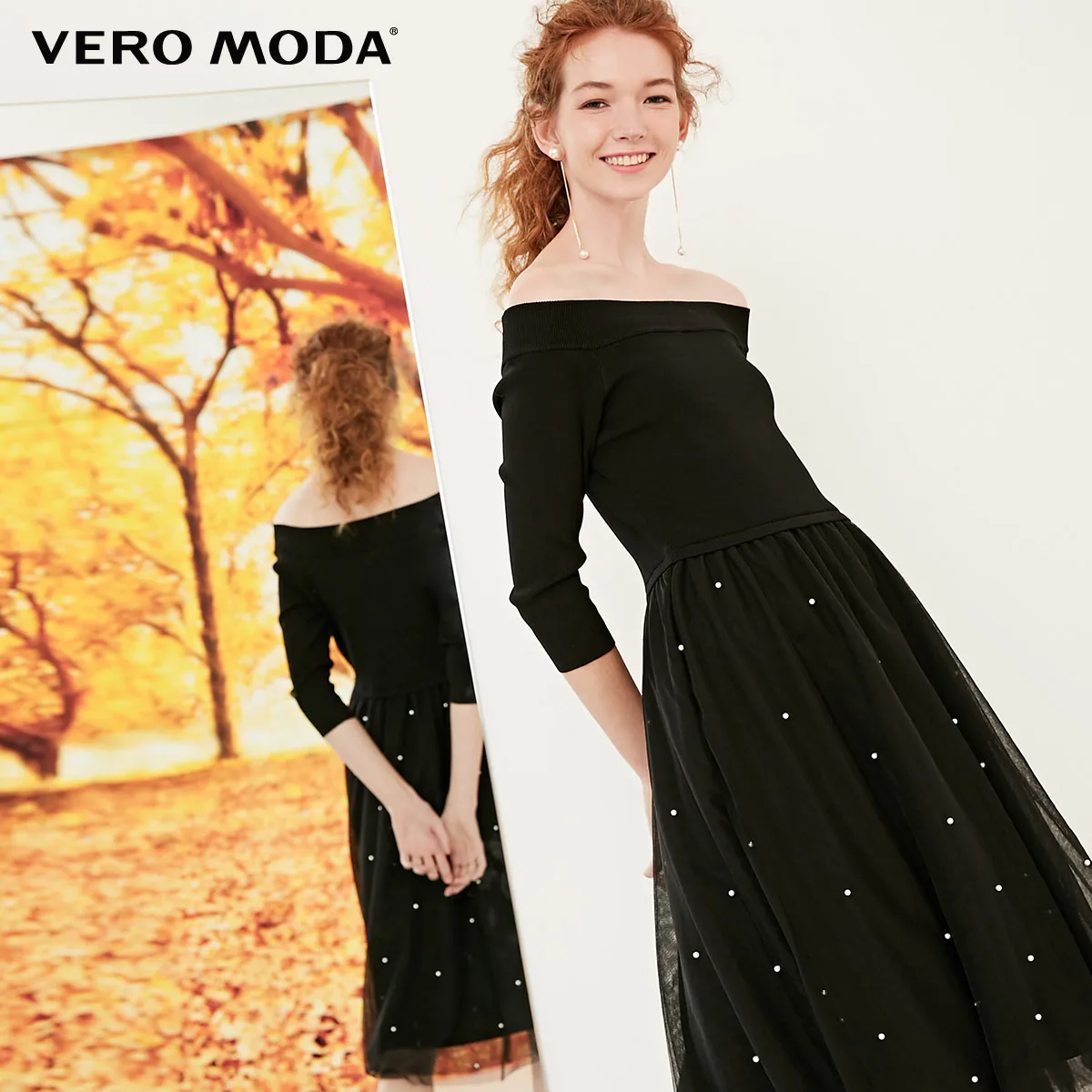 Vero Moda Новое Женское трикотажное платье с 3/4 рукавами и открытыми плечами | 318346521 - Цвет: Black