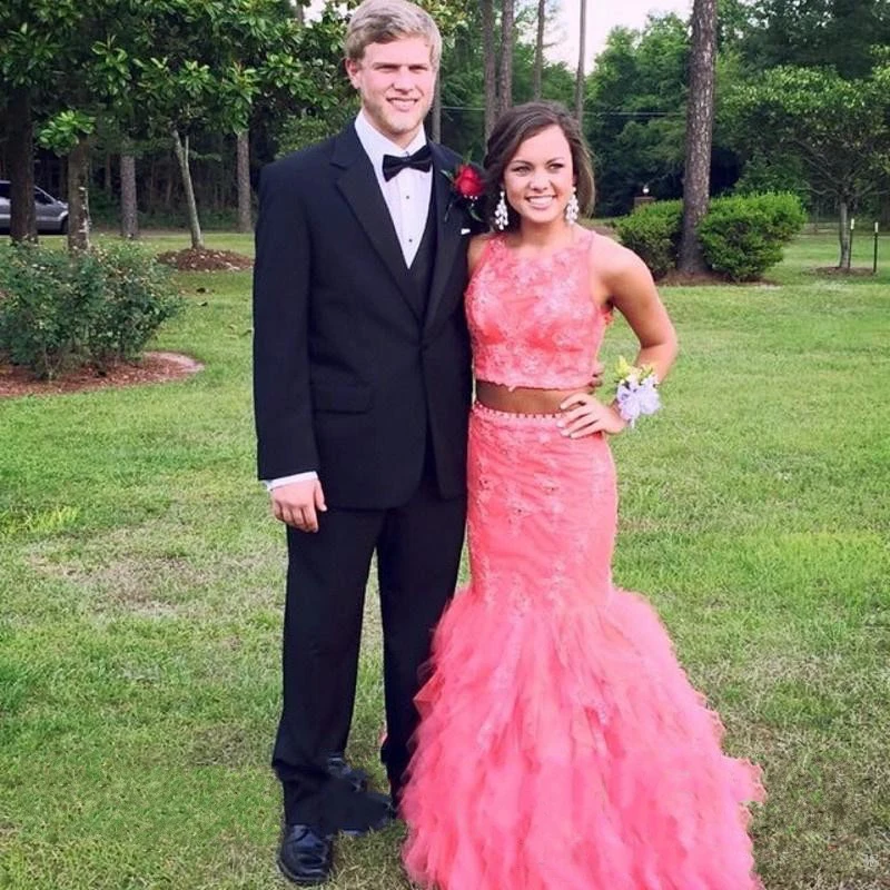 Два Куска Слоистых Ярко-Розовый Кружевной Пром Платья Формальные Кружева