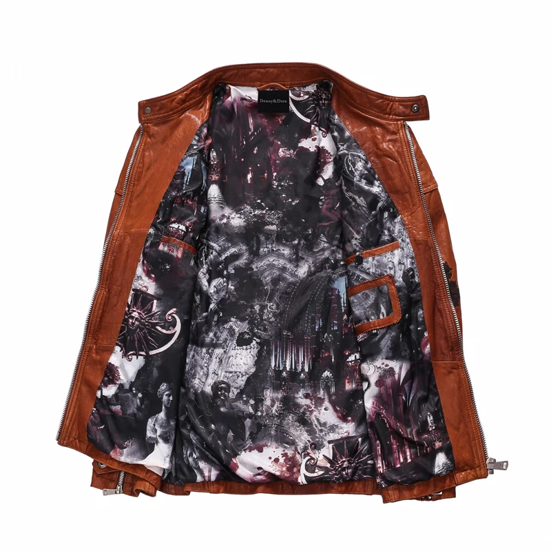 Кожаная мужская байкерская куртка с вышивкой облегающая повседневная из