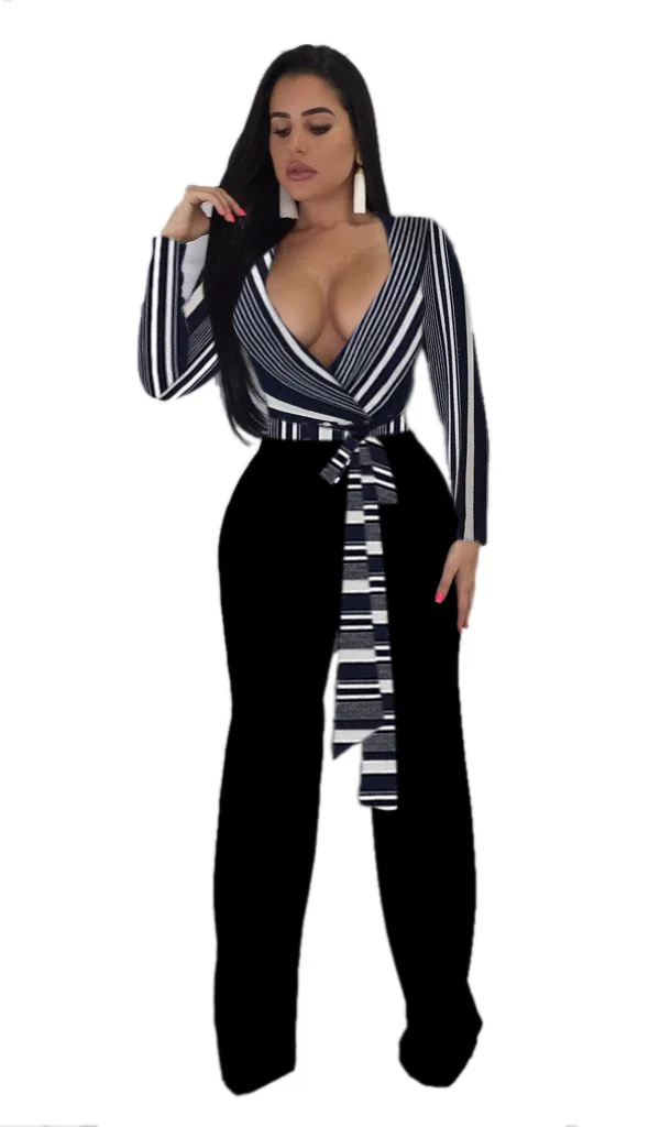 Полосатый Облегающий комбинезон для женщин повседневный летний с длинными