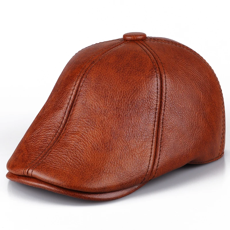 New men's leather leather cap in autumn and winter male Leather Hat Beret peaked cap warm cap 2019 sell to Russia