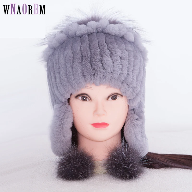 

New Fur Hat For Women Winter Rex Rabbit Fur Hat Ear Protector Caps knitted Hats Gray Wholesale Winter Hat With Fashion Style