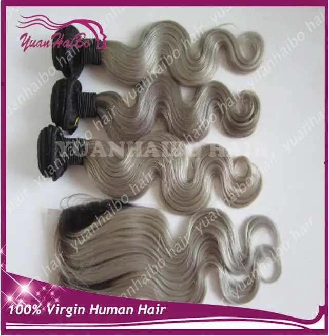 Best Quality 8A 4pcs/lot 1b# grey omber virgin Brazilian hair Body wave with lace closure free shipping |