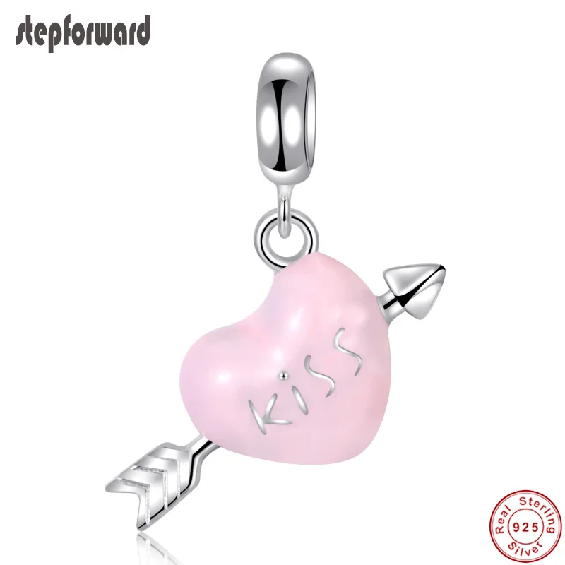 

Новая Мода хорошее качество розовый эмаль 925 стерлингового серебра со стрелкой и поцелуй сердце Висячие Шарм для браслета и ожерелья подвес...