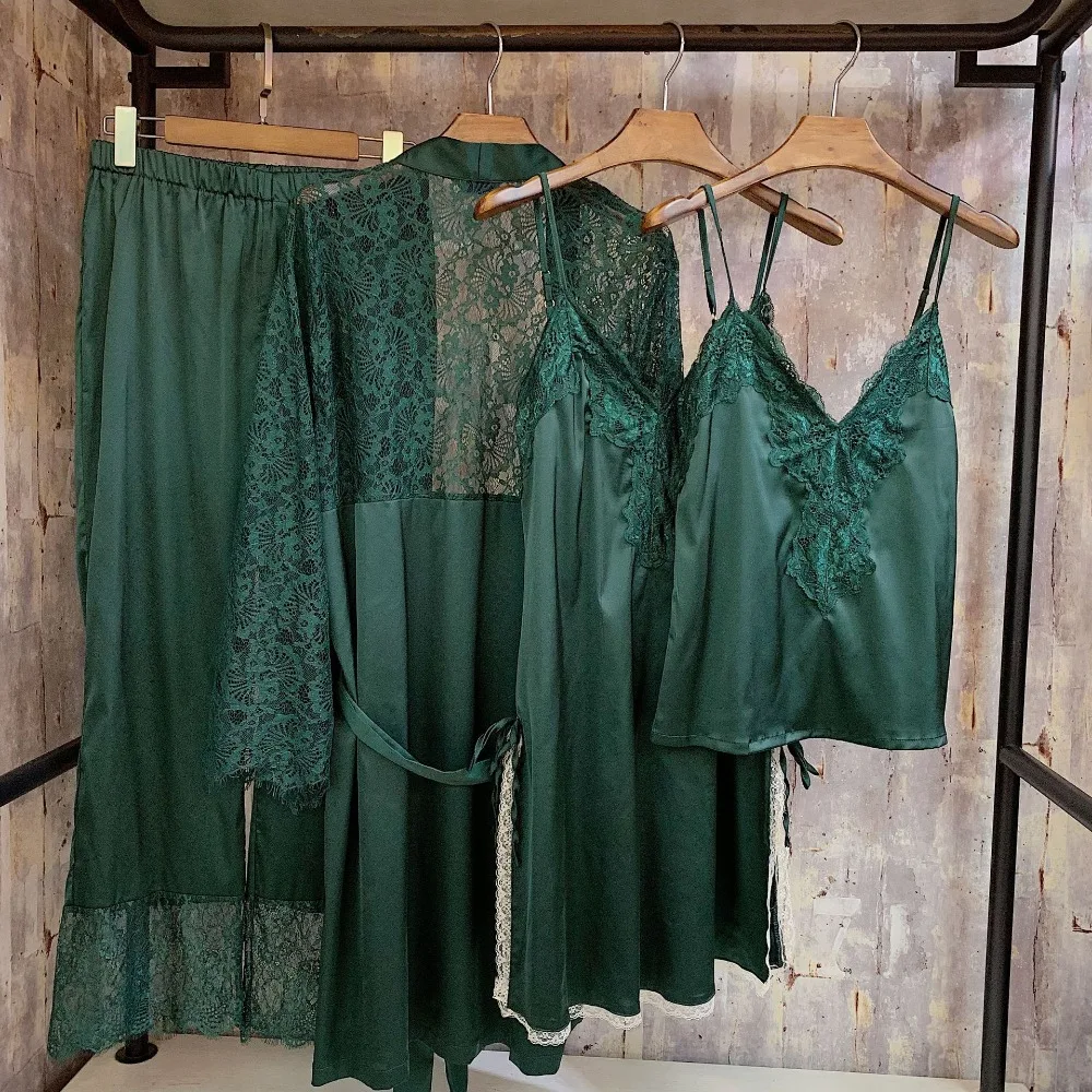 Silk Pajamas For Women Satin Sets Long Sleeves nightwear nightgown 4 piece set Top+Pants | Женская одежда