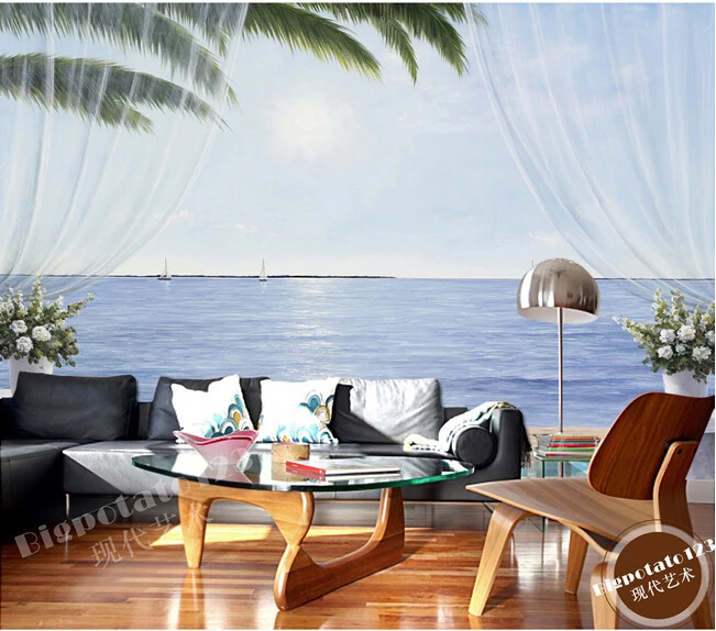 

Custom 3D murals, fresh gauze curtain outer sea sailing oil painting , living room sofa TV wall bedroom background wall paper