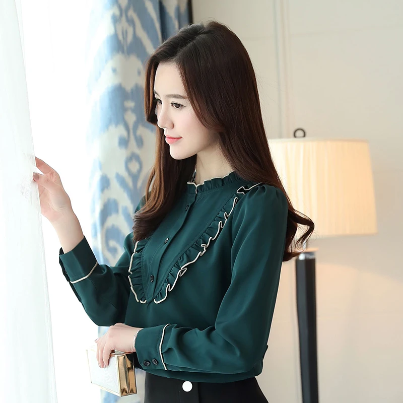 2019 модная грибковая стойка женская воротник с длинными белая шифоновая блузка