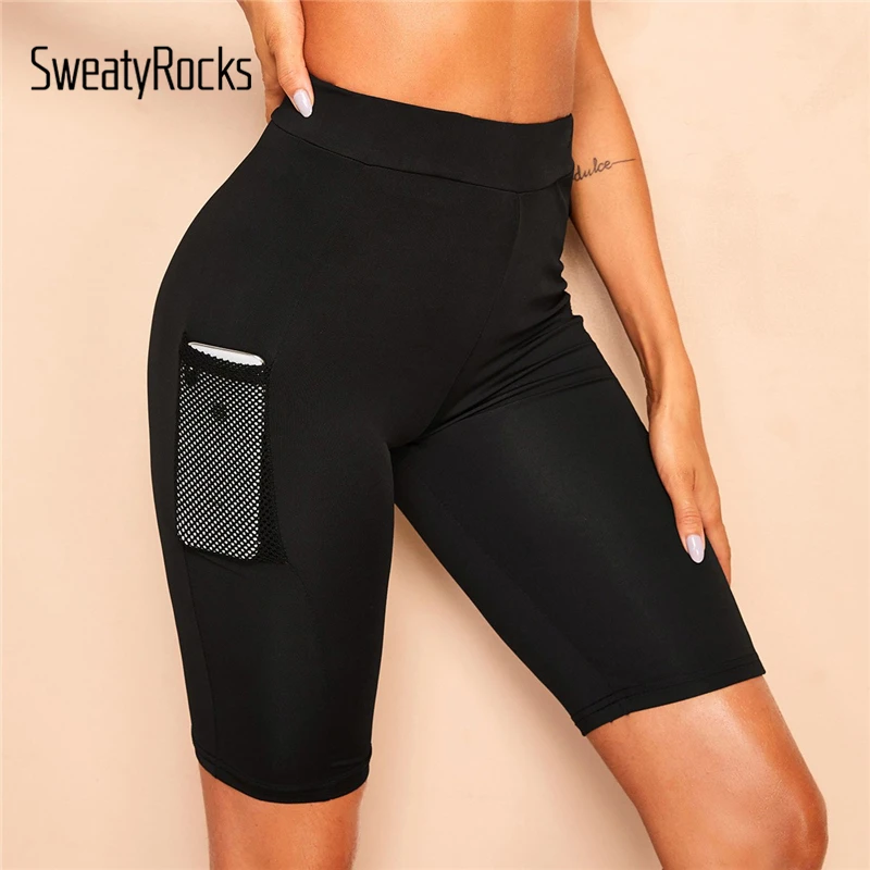 SweatyRocks сетчатые одноцветные обтягивающие велосипедные шорты с карманом и заплатками для активного отдыха женские байкерские шорты Летние повседневные черные шорты