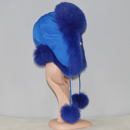 blue Новое поступление, меховая шапка для женщин из енота, лисы, меховая русская ушанка, зимние толстые теплые уши, модная шапка-ушанка - Цвет: blue