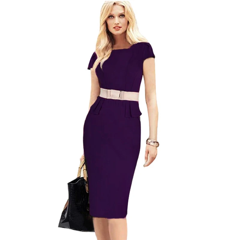 Женское платье-карандаш с круглым вырезом коротким рукавом и миди весна-лето |