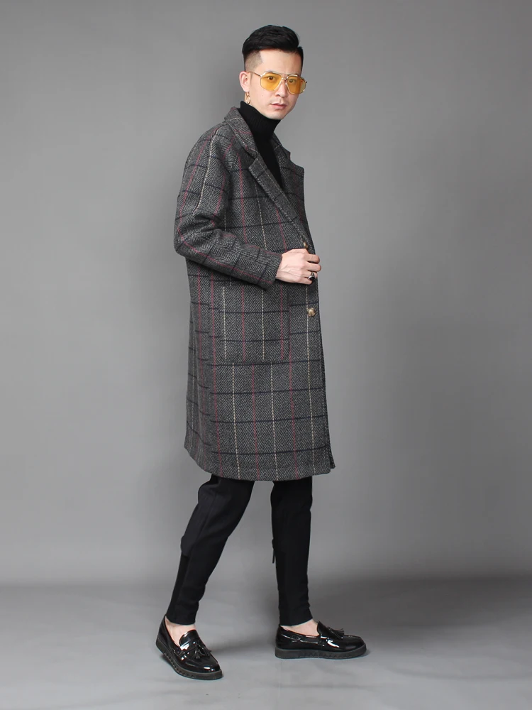 New Men's clothing Fashion restore ancient ways lattice trench overcoat Middle length over- winter woolen outerwear coat | Мужская