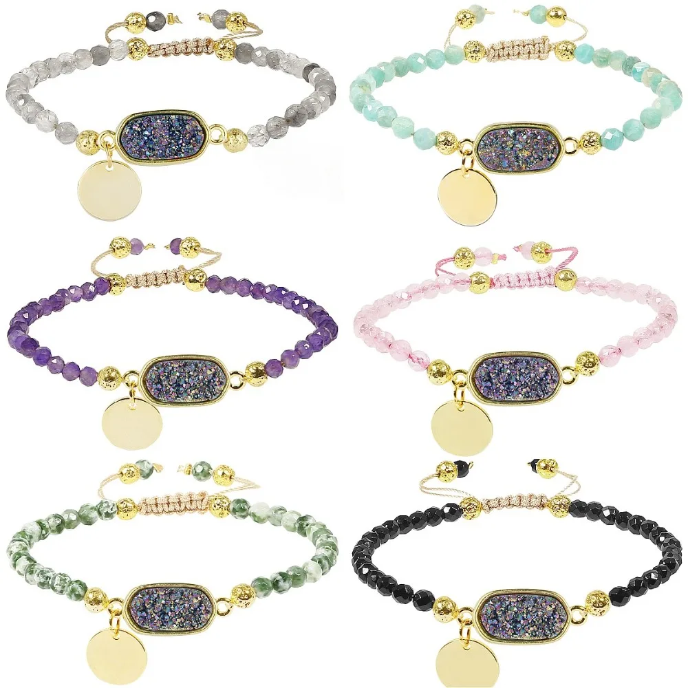 

SUNYIK 4mm Faceted Stone Beads Bracelet,Oval Titanium Coated Quartz Druzy Crystal,Adjustable Wristband 6"-7.8"