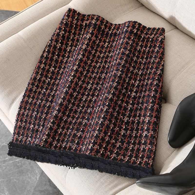 Tweed skirts long tassel 2019 spring and autumn women's ladies bag hip wool blend tweed A-line skirt | Женская одежда