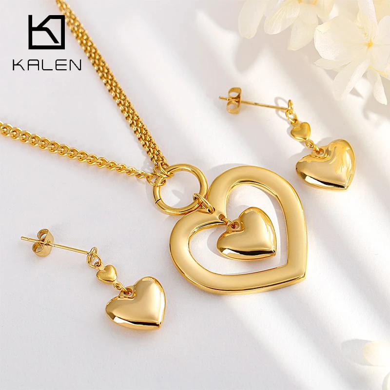 

Kalen New Jewelry Sets For Women Gold Color Stainless Steel Heart Necklaces & Earrings Sets Engagement Choker Sweetheart Gifts