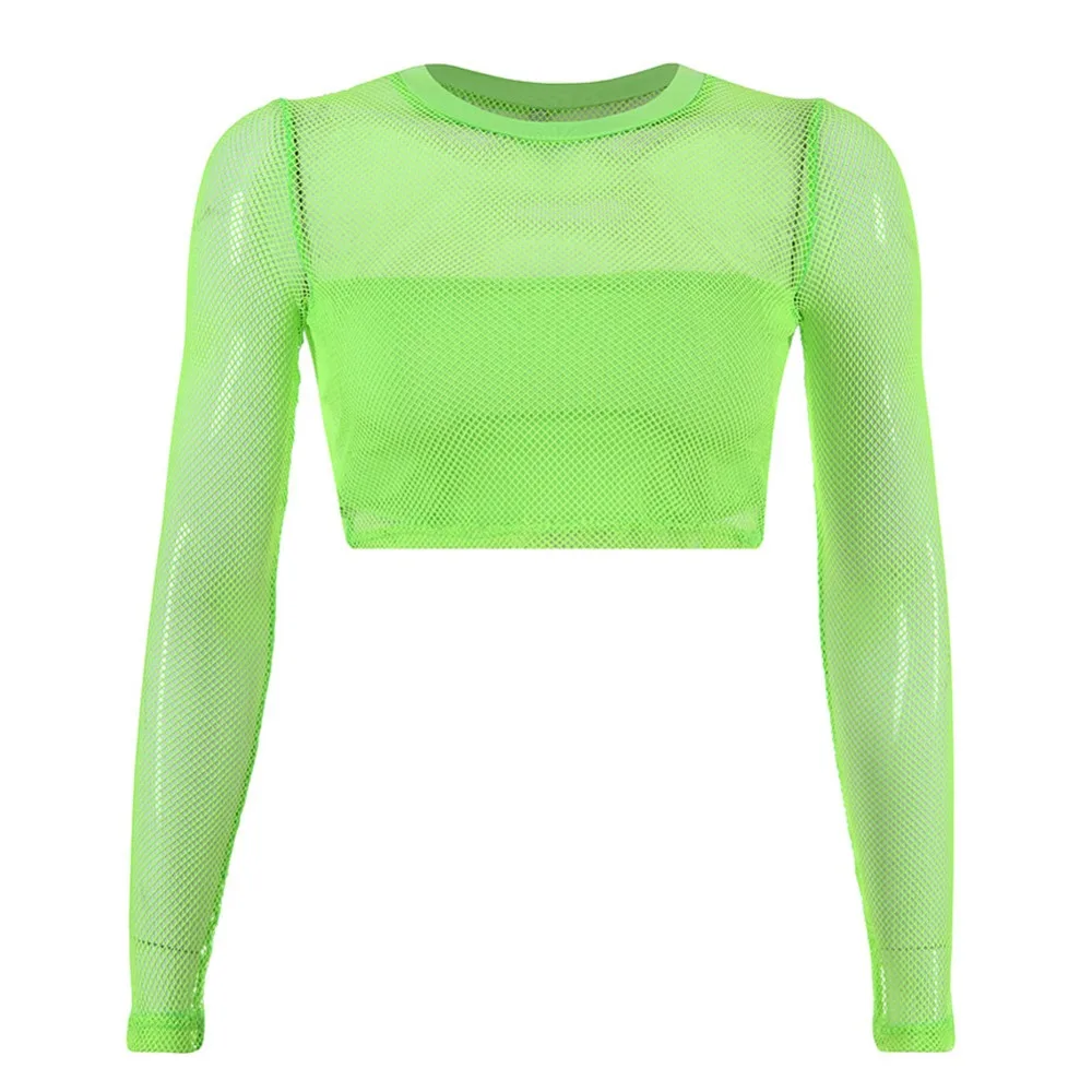 New Sexy Mesh Transparent Crop TopS Long Sleeve T Shirt Women Club Party Tee Fluorescent green See Through Thin O Neck | Женская одежда