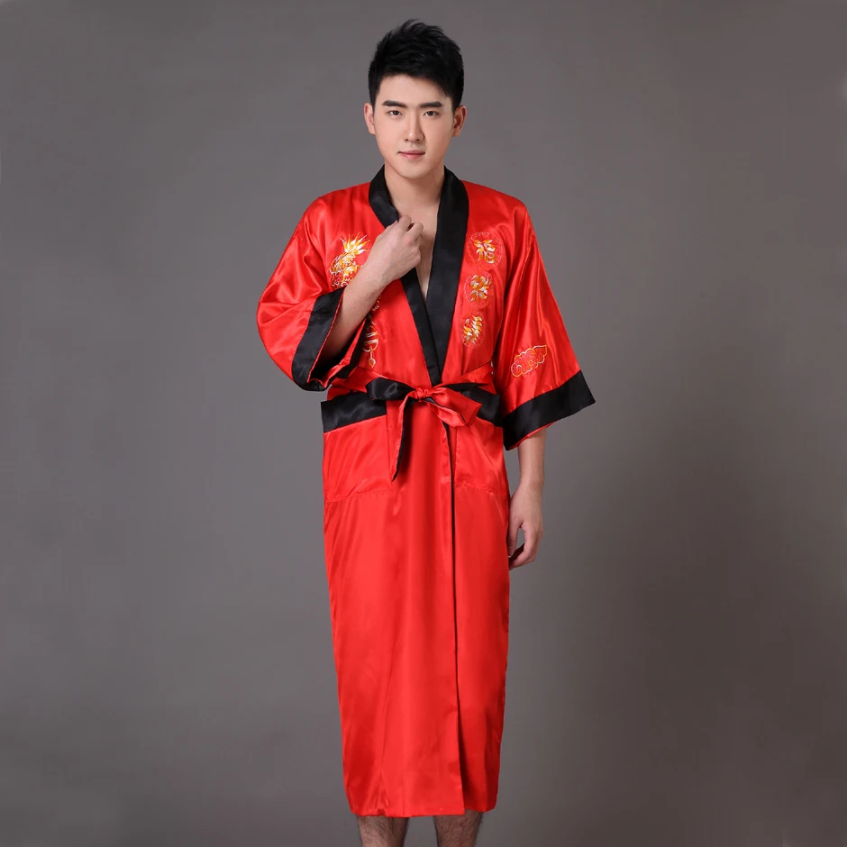 

Двусторонний красный черный китайский Мужской Атласный халат традиционная вышивка Пижама с драконом кимоно банное платье S M L XL XXL XXXL MP043