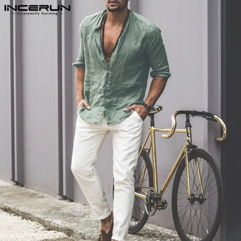 INCERUN Новая мужская рубашка воротник-стойка с длинным рукавом простая Camisa Masculina Уличная Повседневная шикарная Свободная рубашка мужская плюс размер