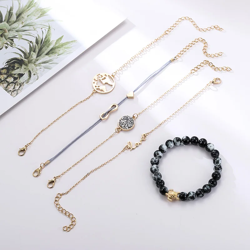 5 Pcs/set Boho Fashion Gold Chain Map Love Letter Pendant Charm Bracelets Set For Women 2019 Trendy Natural Marble Bead Bracelet | Украшения