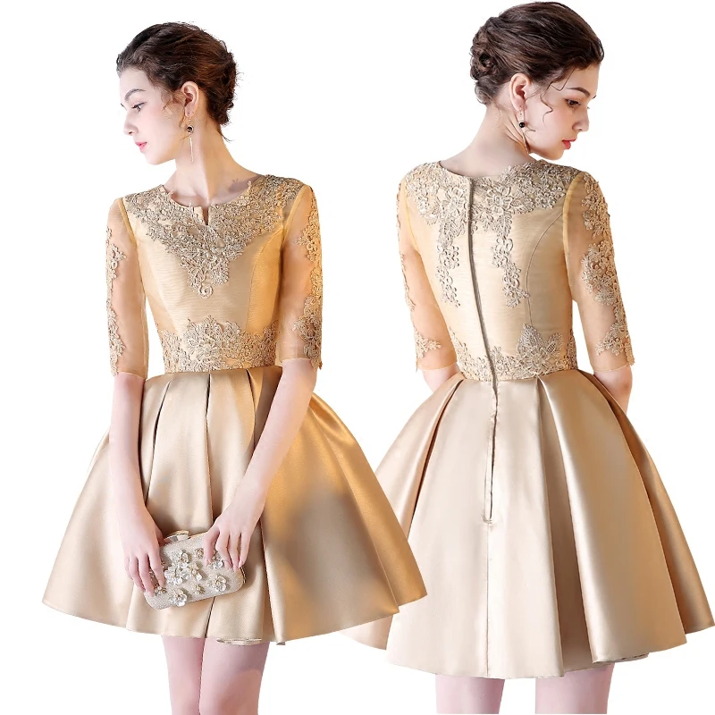 Женское коктейльное платье элегантное кружевное с полурукавами и золотой