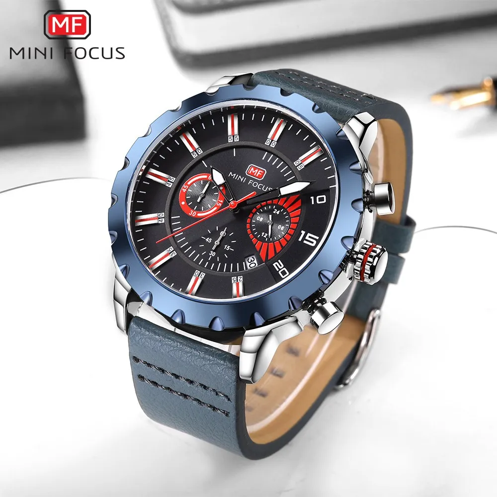Мини фокус Топ бренд класса люкс Хронограф Мужские кожаные спортивные часы