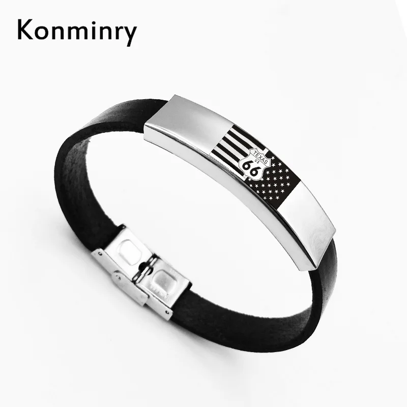 Konminry USA старинный браслет Route 66 из нержавеющей стали черные PU цепи для женщин и