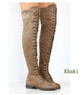 Khaki JIANBUDAN/Сапоги до бедра на Плоском Каблуке модные женские сапоги до колена на шнуровке осенние пикантные сапоги до колена из искусственной кожи Размеры 35-43 - Цвет: Khaki