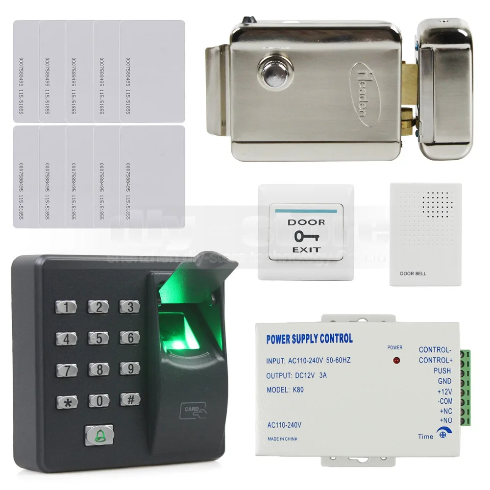 

DIYSECUR биометрический отпечаток пальца RFID 125 кГц Пароль Клавиатура система контроля допуска к двери комплект + Электрический замок + дверной звонок