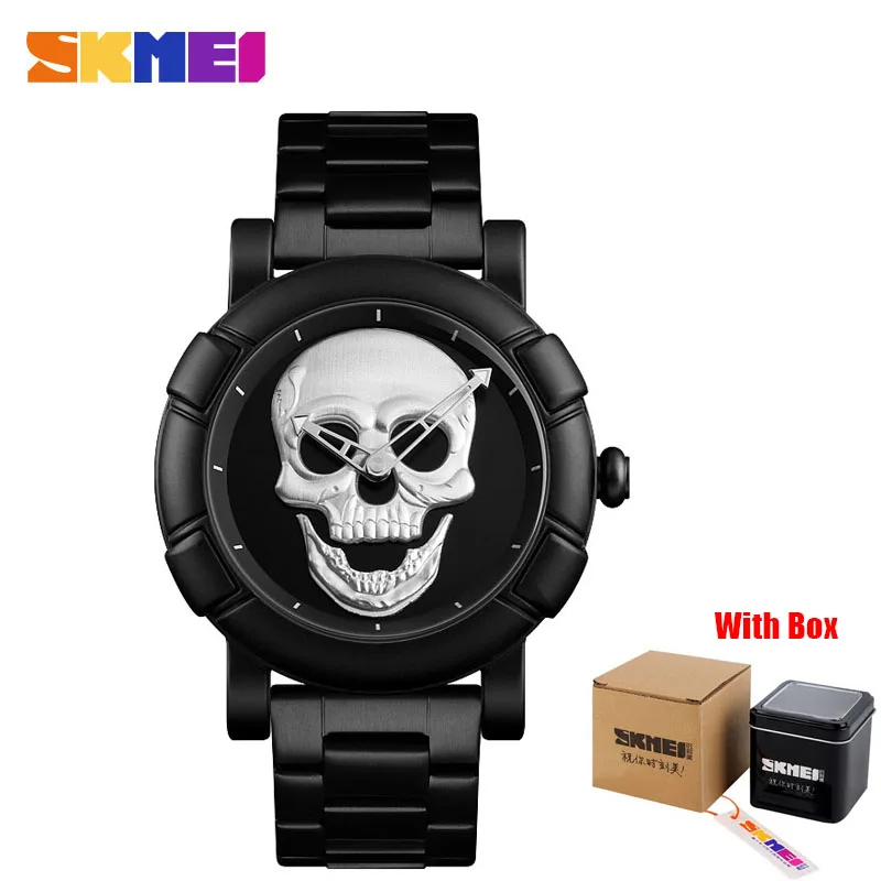 Silver With box SKMEI Skull часы мужские часы люксовый бренд кварцевые часы спортивные водонепроницаемые из нержавеющей стали мужские Wristatch Reloj военные часы 9178 - Цвет: Silver With box