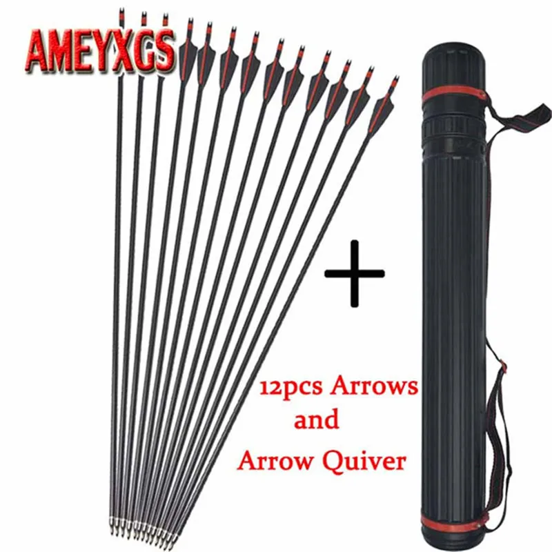 

12pcs Archery Fiberglass Arrows And Arrow Quiver Spine 500 With Rubber Feathers For Hunting Sports Shooting Practice Accessories