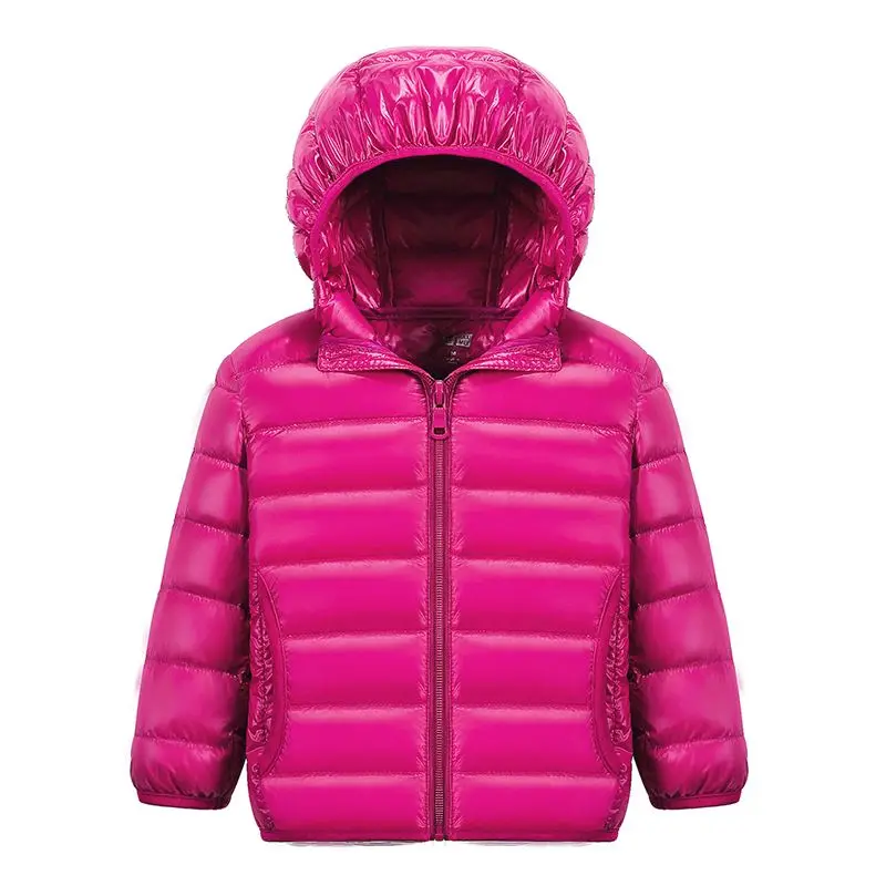 Rose red Детские пуховики г. Новые детские зимние куртки с капюшоном на 90% белом утином пуху для мальчиков и девочек, ультра-светильник, портативное зимнее пальто - Цвет: Rose red