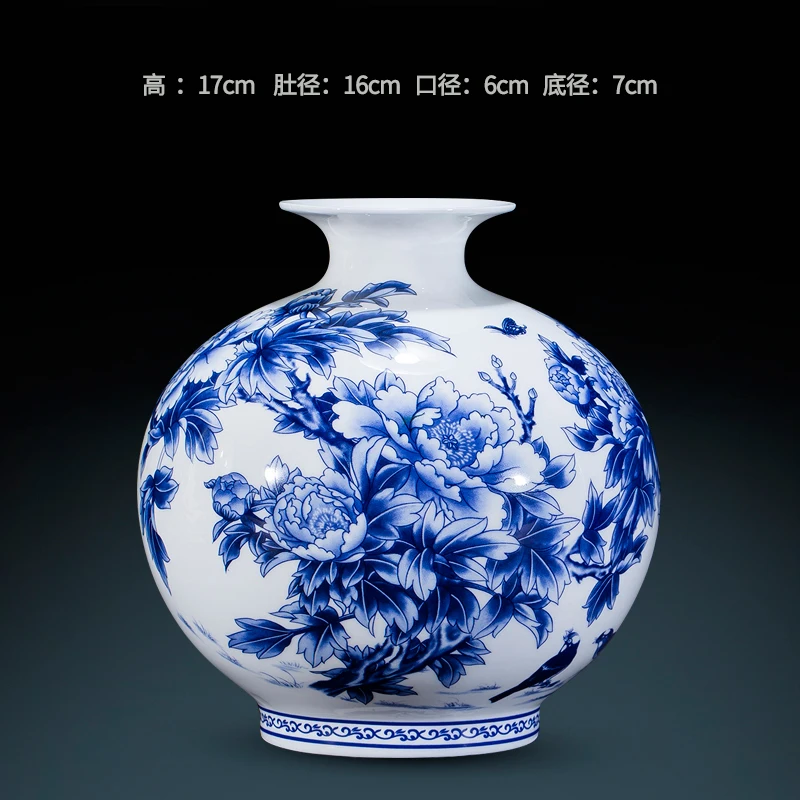 Фарфоровая сине белая ваза с пионами керамическая Jingdezhen для цветов предметы