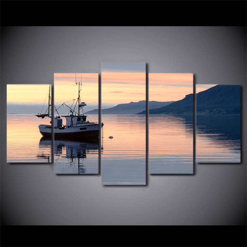 5 Panels Hot Calm Lake Sailboat Dusk Clouds Landscape Wall Pictures Home Decorative Modular Artworks Living Room Canvas Painting | Дом и сад