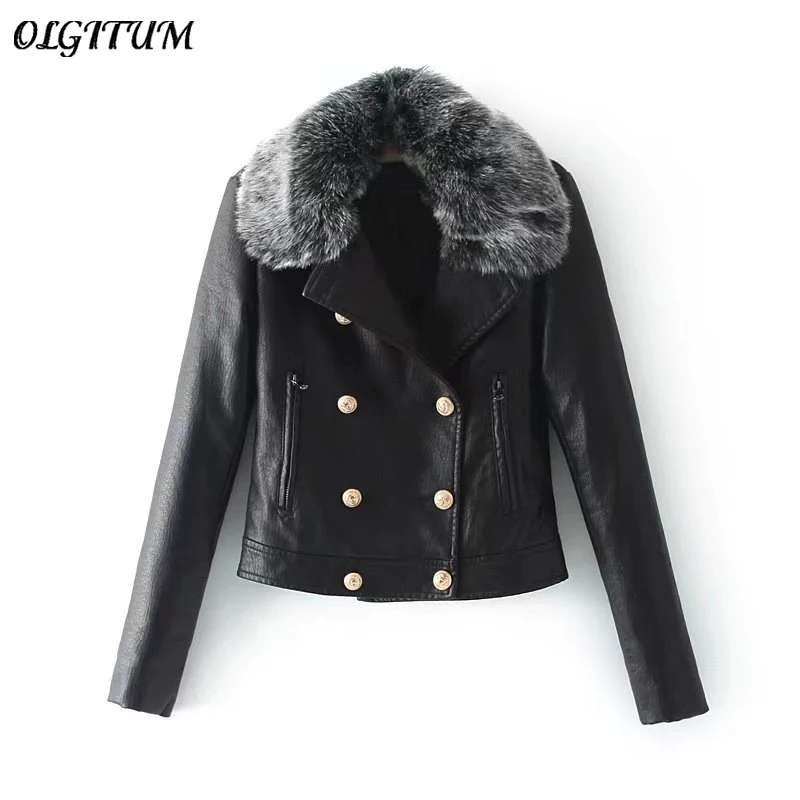 

2019 Winter New PU leather Cotton Jacket High Quality Winter Black Coat Double-Breasted Big Fur Collar Slim Thick Warm Coat Park