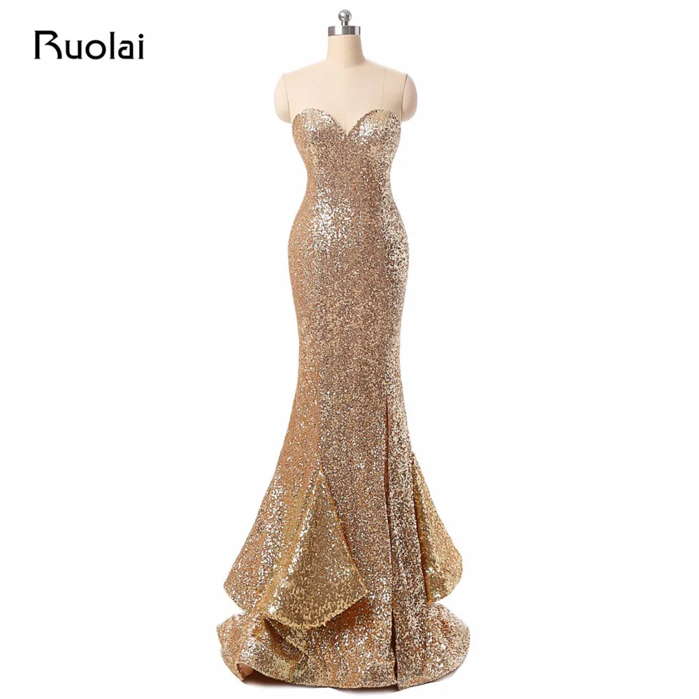 Женское вечернее платье с юбкой годе длинное блестками и многоярусным низом