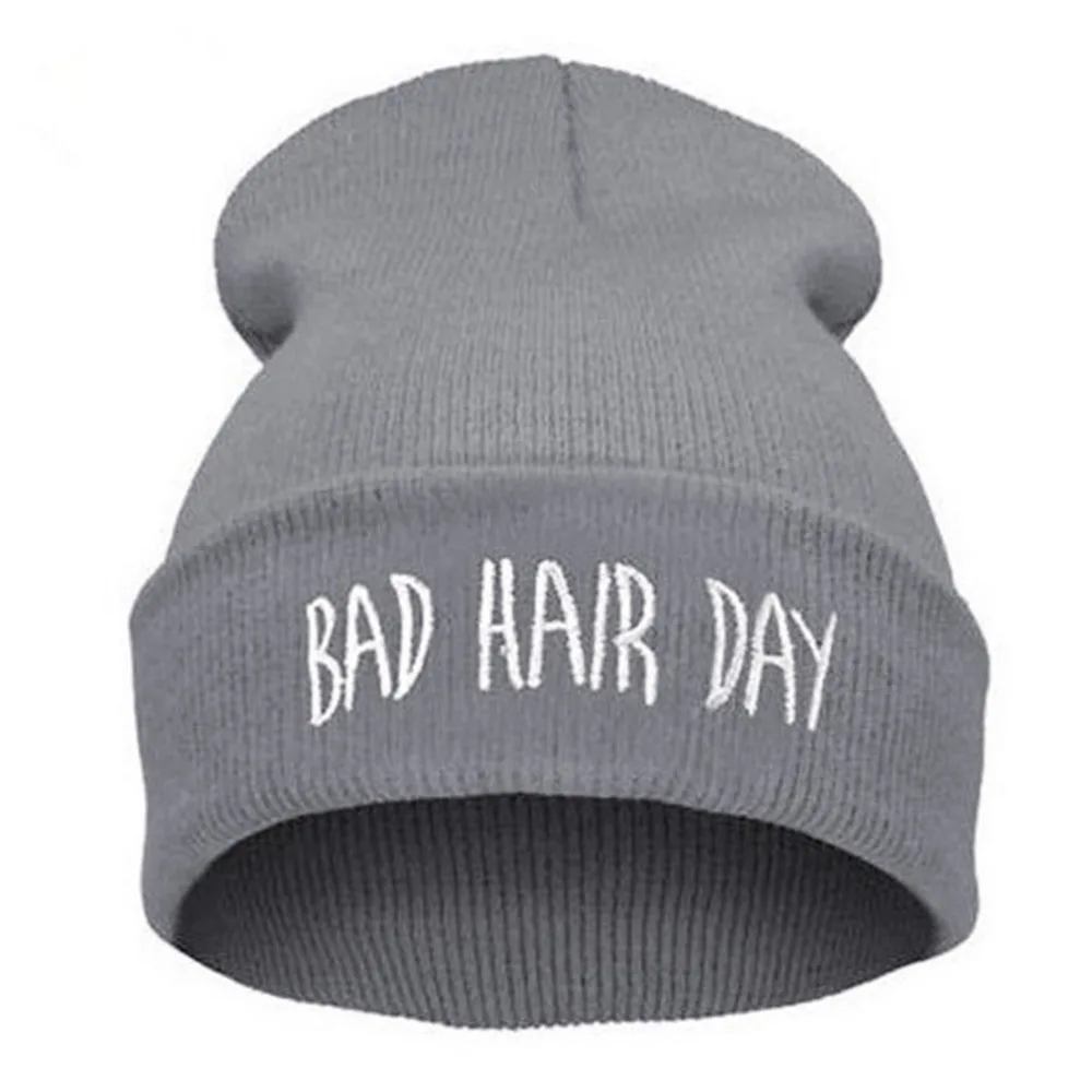 Зимние шапки унисекс для мужчин и женщин Шапка-бини с надписью Bad Hair Day вязаная