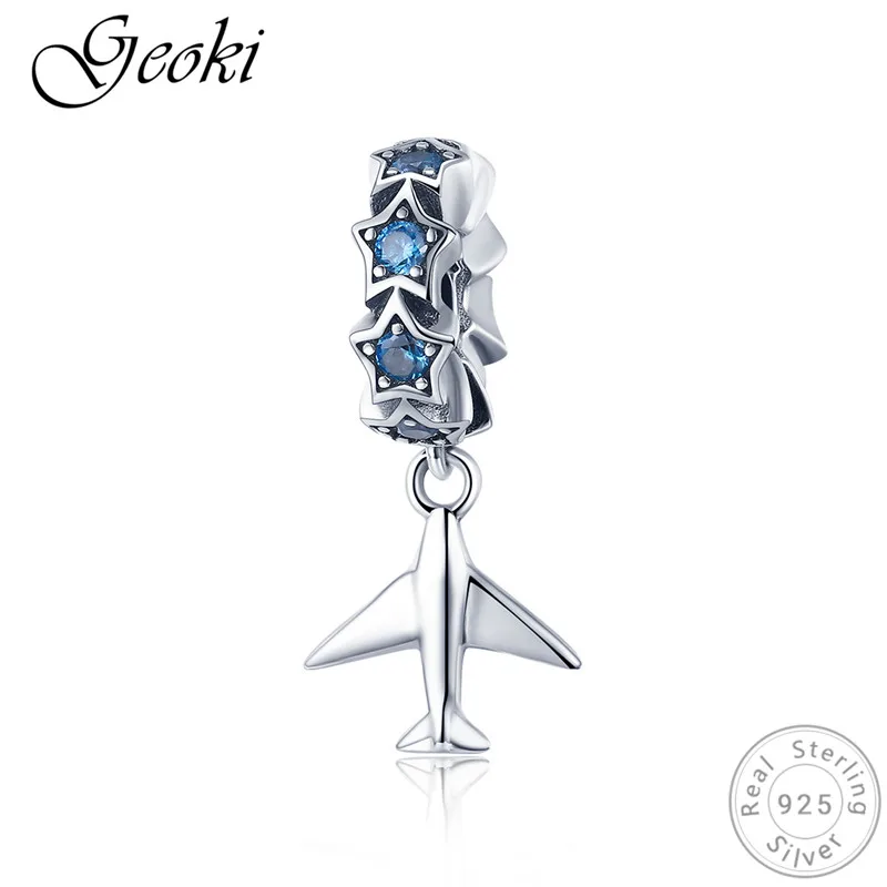Geoki 925 пробы, серебряный, синий, земля, астронавт, самолет, талисманы, подходят к оригиналу Pandora, браслет, якорь, перо, Русалка, Бабочка, бусины - Цвет: GSCC882-1