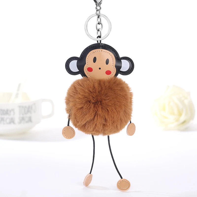 

Cute Fluffy Rabbit Fur Pompom Monkey Keychain Women Plush Pompon Ball Key Chain On Bag Car Trinket Wedding Party Kids Gift