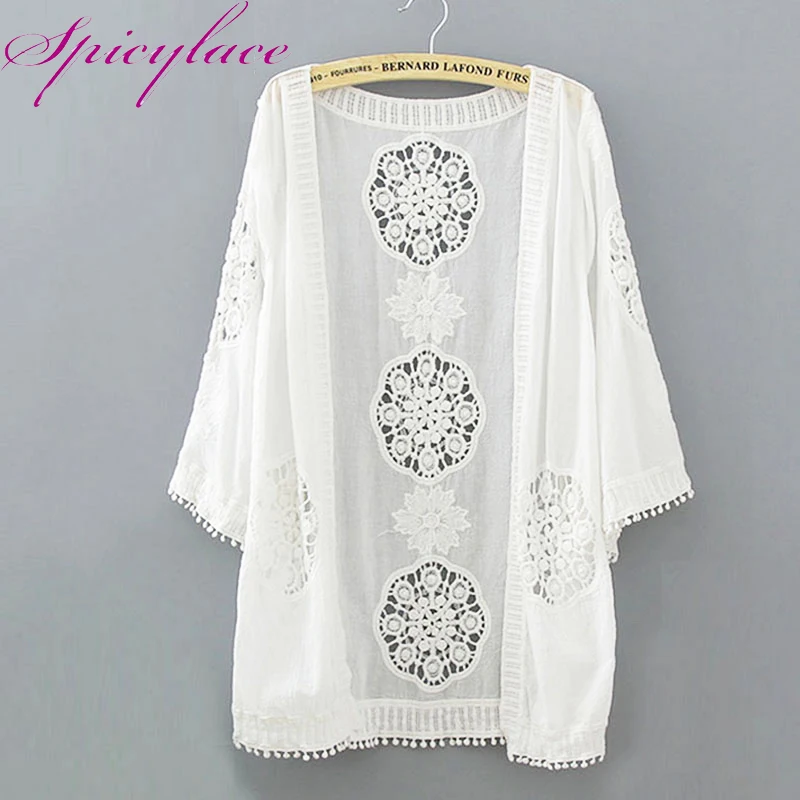 Лето 2018 кимоно кардиган Пляжная накидка Blusas Женская Вышивка открытые топы