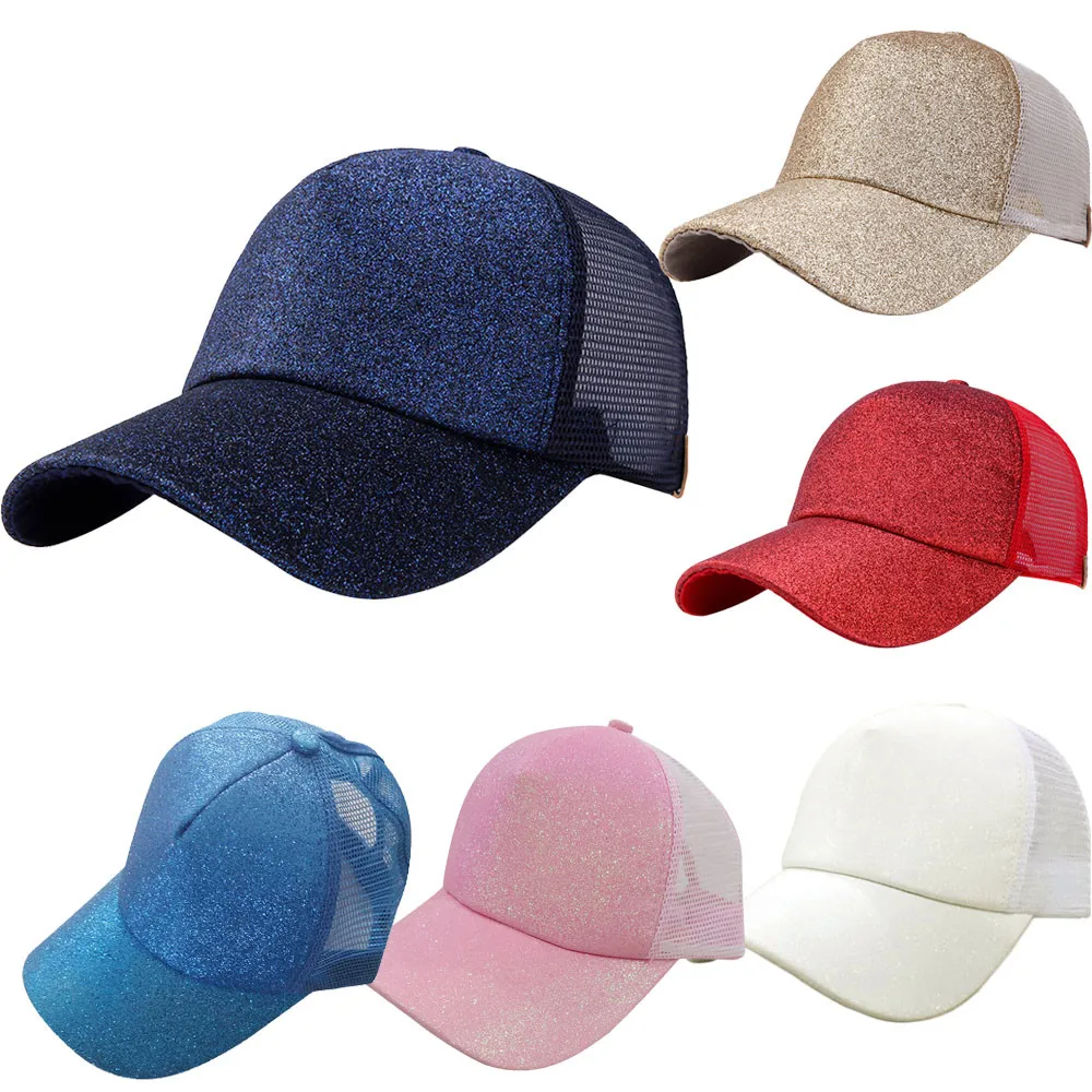 Женский хвостик Бейсболка Snapback хип хоп Блестки Блестящий грязный булочка Лето