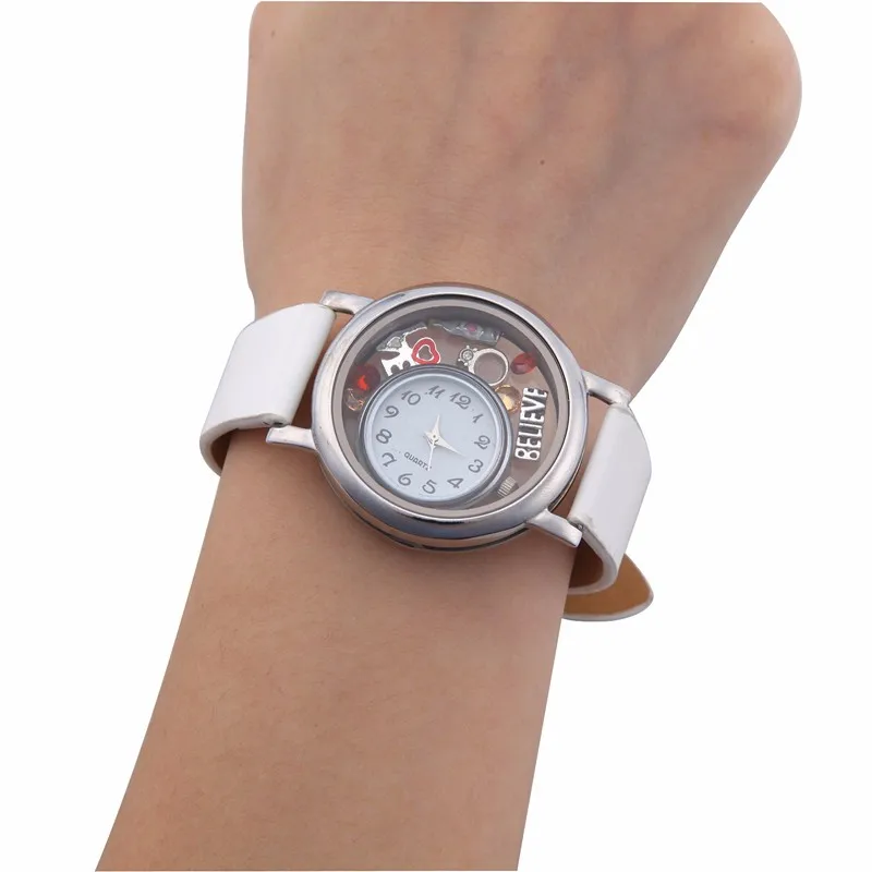 Женские кварцевые часы Vinnie дизайнерские с плавающим медальоном кожаным