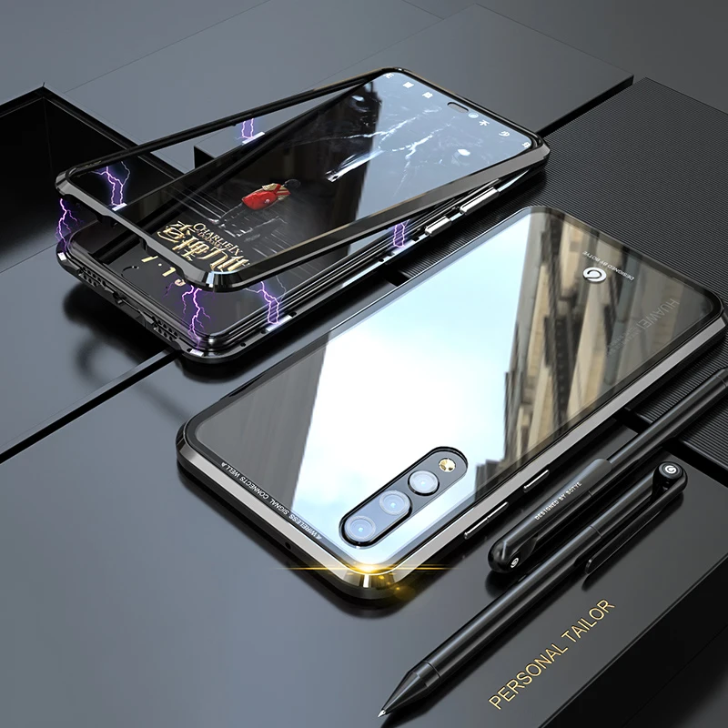 Роскошный металлический магнитный чехол для huawei P20 PRO, чехлы с откидной крышкой для huawei P20 Lite, бампер из закаленного стекла, металлическая рамка, чехол
