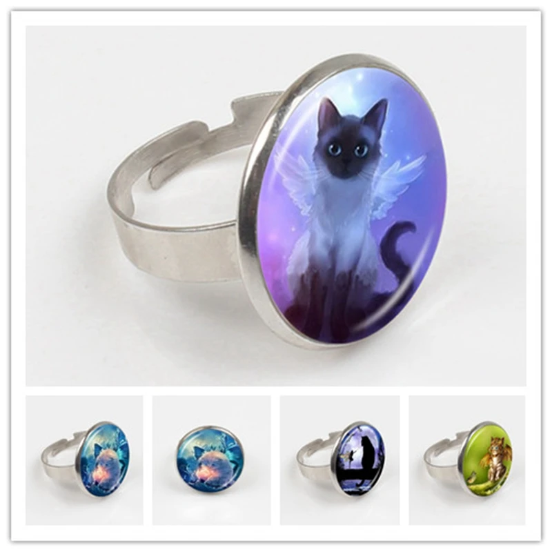 Cute Grey Fairy Cat Photo Ring Angel Wing Kitten Jewelry Animal Sweater Glass Dome Jewellery | Украшения и аксессуары