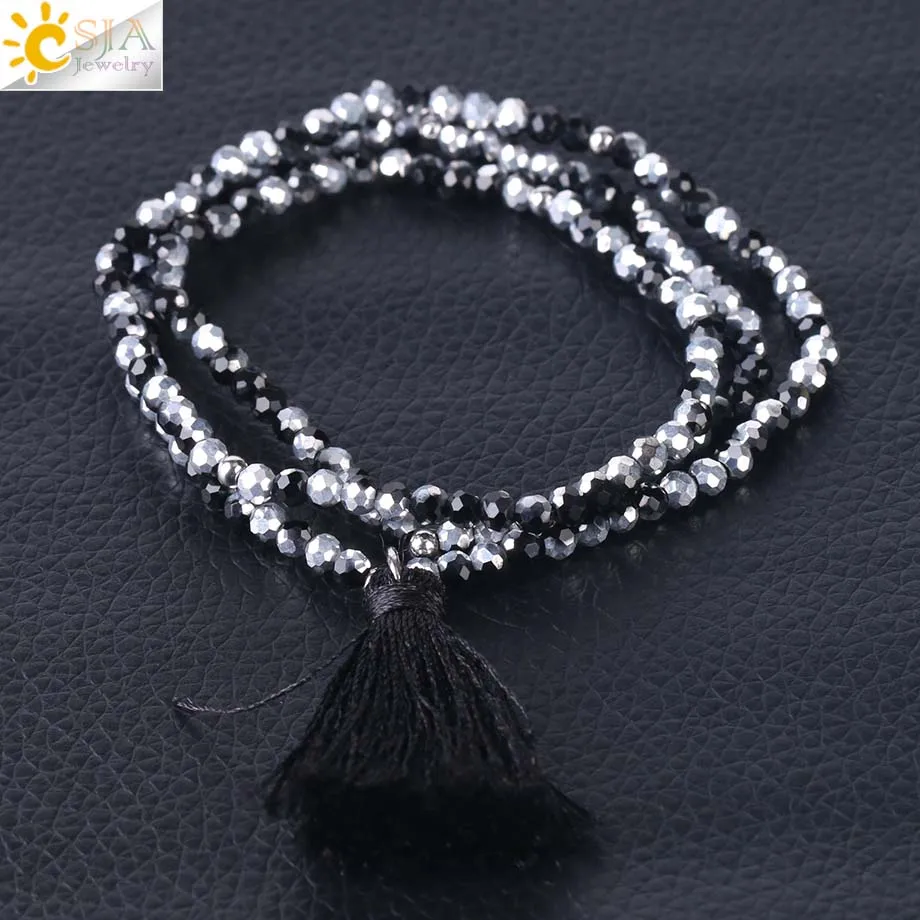 Black 2 CSJA Boho кисточка с бахромой крошечный граненый многослойный Хрустальный Браслет Браслеты Дружбы бижутерия ручной работы Pulsera эластичный S117 - Окраска металла: Black 2