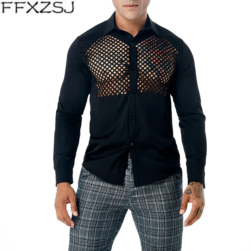 

Sexy Hollow Out See-through Lapel Shirt Men 2018 Brand New Slim Fit Long Sleeve Dress Shirts Mens Cotton Black Social Shirt Male