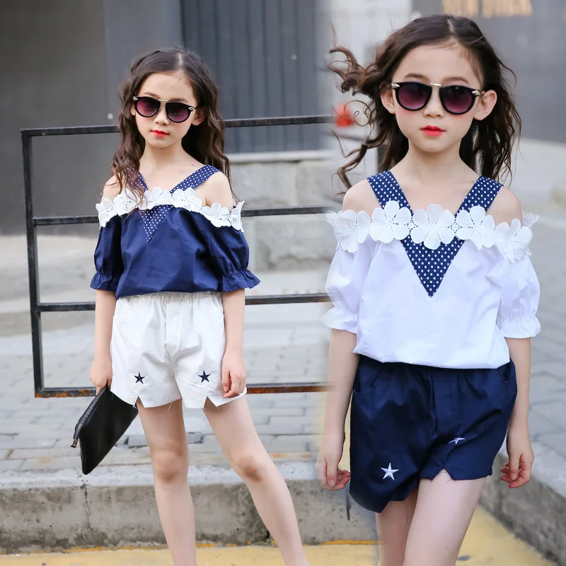 

Baby Girls Clothing Sets 2018 New Summer Girls Clothes Shoulderless Shirt+Shorts 2Pcs Kids Clothes Sets for 3-10 Years CLS151