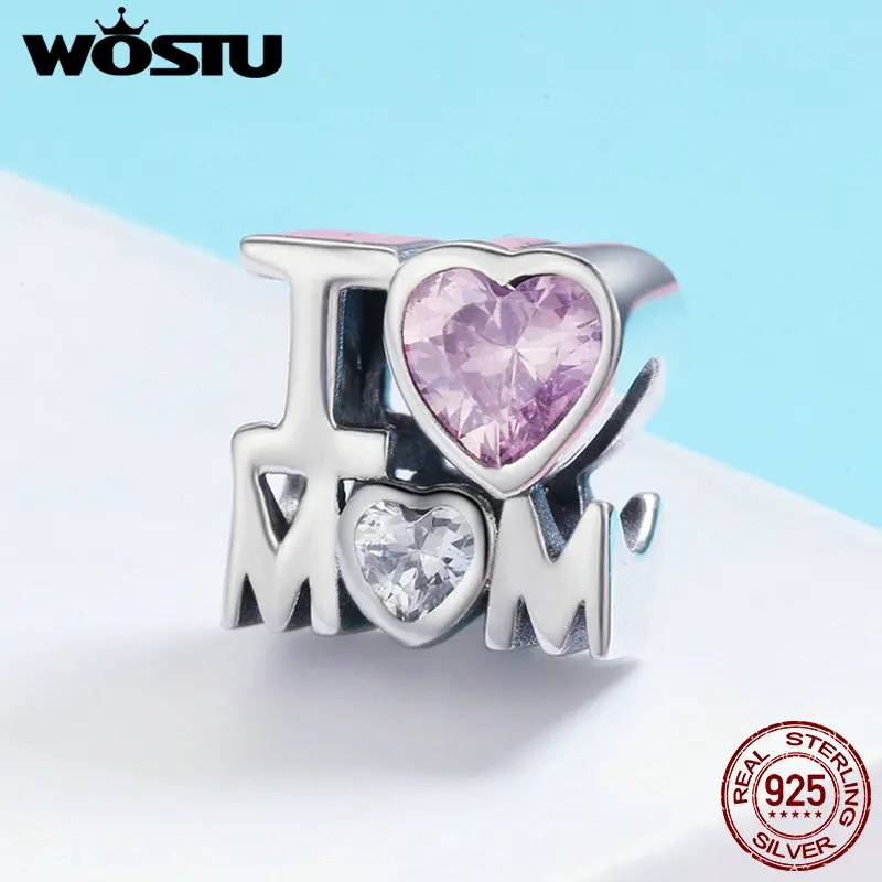 WOSTU, лидер продаж, 925 пробы, серебро, I LOVE MOM, розовый CZ бисер, подходит для оригинального браслета, ожерелья, ювелирные изделия, подарок на день матери, CQC579